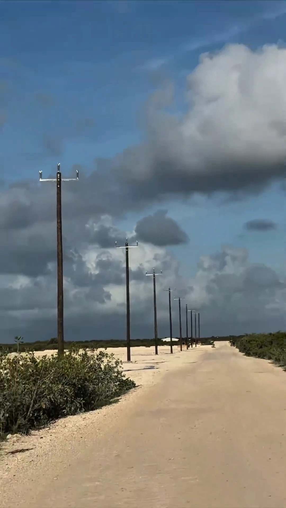Utility poles with crossarms standing along a cleared, unpaved road in Secret Beach Homes' video