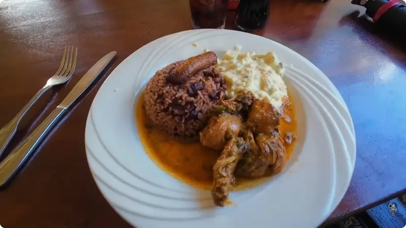Stewed chicken, rice and beans in Placencia
