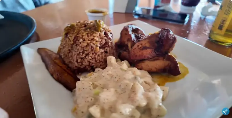 Chicken, rice and beans with gravy in Belize City