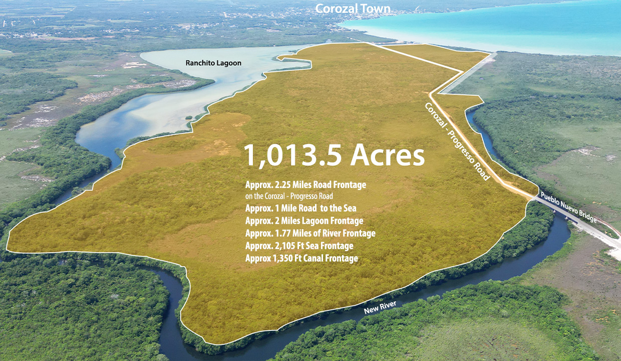 1013.5 Acres Massive Investment Property with Road Lagoon River Canal and sea frontage in Corozal Northern Belize