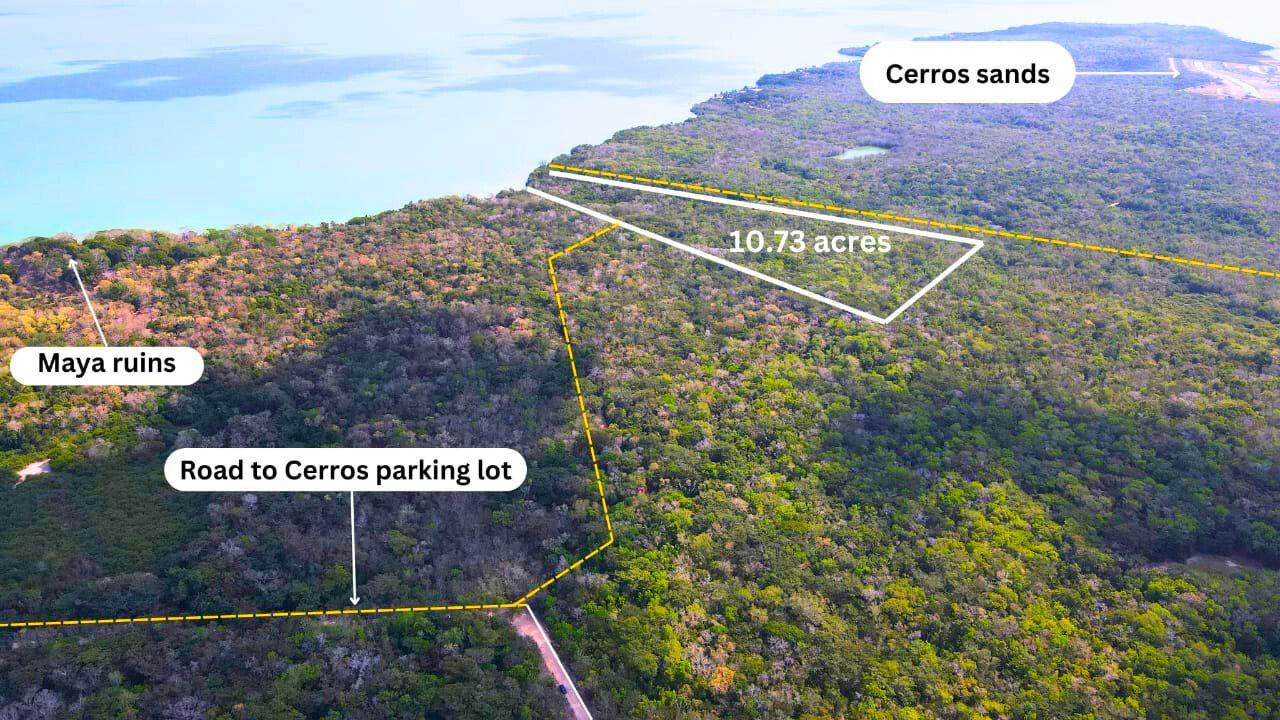 10.73 acres beachfront, Cerros, beside Maya Ruins